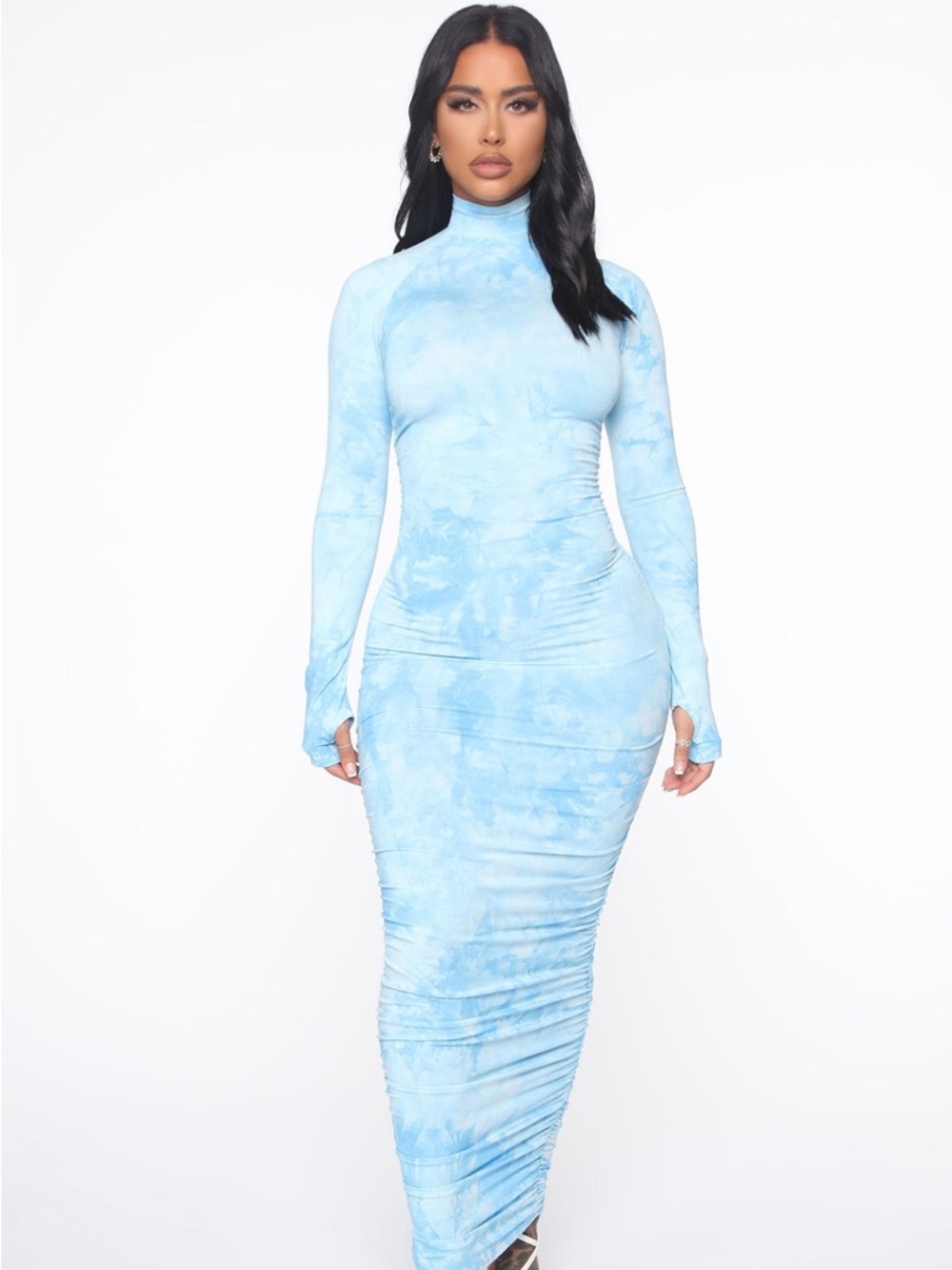 Fashion Nova Sky Blue Tie-Dye Long Sleeve Maxi Dress